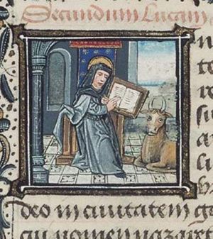 The Evangelist St. Luke writing, with his symbol the ox