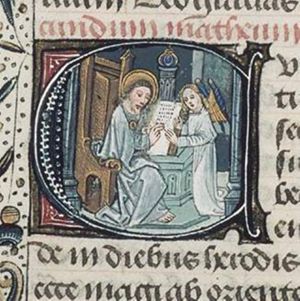 The Evangelist St. Matthew writing, with his symbol the angel