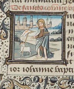 St. John the Baptist holding a book and pointing to the Lamb of God (Agnus Dei)