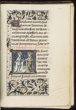 St. Fabian holding a book and a sword and St. Sebastian holding arrows and a sceptre