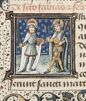 St. Fabian holding a book and a sword and St. Sebastian holding arrows and a sceptre