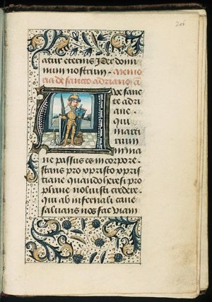 St. Adrian of Nicomedia holding a sword and an anvil, with a lion