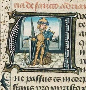 St. Adrian of Nicomedia holding a sword and an anvil, with a lion
