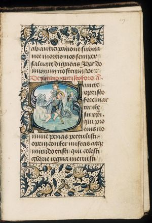 St. Christopher carries the Christ-child, a hermit guiding him with a lamp