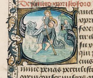 St. Christopher carries the Christ-child, a hermit guiding him with a lamp