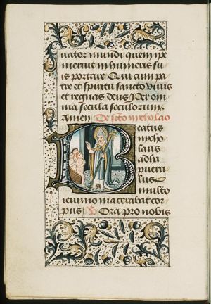 St. Nicholas, Bishop of Myra, holding a crozier and the three children in the tub