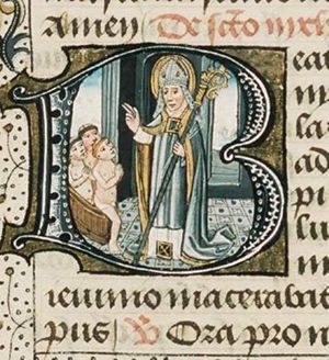 St. Nicholas, Bishop of Myra, holding a crozier and the three children in the tub