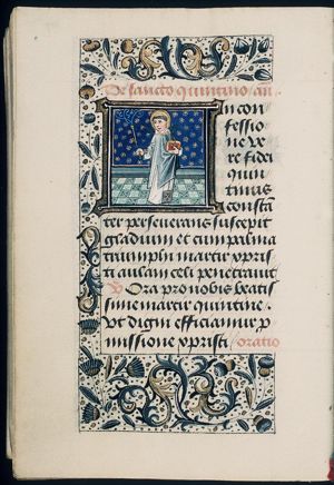 St. Quentin holding a scourge and a book