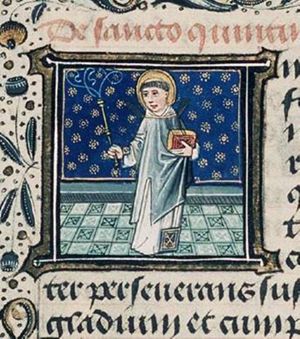 St. Quentin holding a scourge and a book