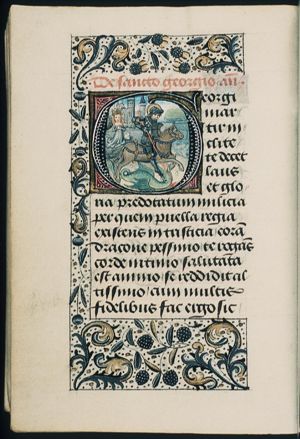 St. George on horseback fighting the dragon; the princess nearby, praying; the king and queen watching the scene from the city-walls