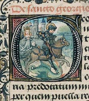 St. George on horseback fighting the dragon; the princess nearby, praying; the king and queen watching the scene from the city-walls