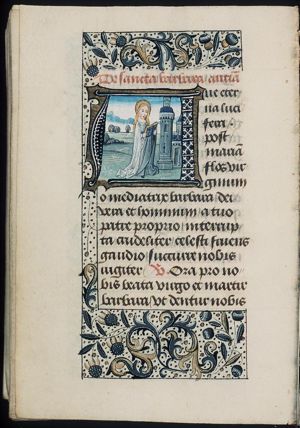 St. Barbara reading a book, a tower beside her