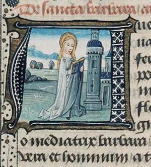St. Barbara reading a book, a tower beside her