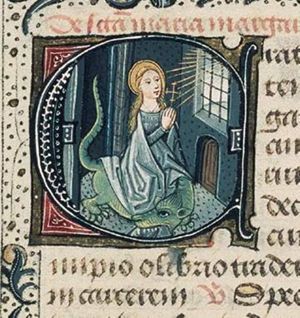 St. Margaret of Antioch emerging from the dragon and holding a cross