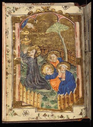 VO Agony in the Garden: Christ prays in Gethsemane, with apostles sleeping; the hand of God appears over a chalice