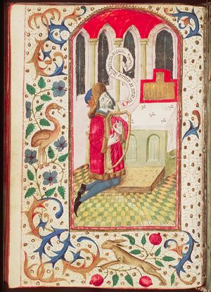 David playing the harp in front of an altar