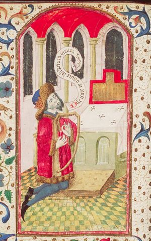 David playing the harp in front of an altar