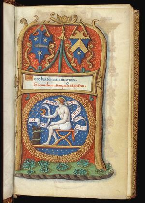 Title page with coat of arms and emblem of Jehan de Luc and Françoise Brinnon 'out of the strong came forth sweetness' (Judges 14:14)