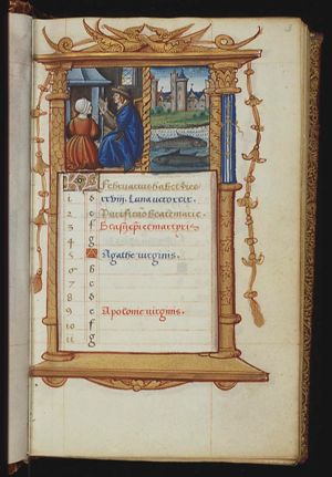 February: a man and a woman warming themselves at a fire