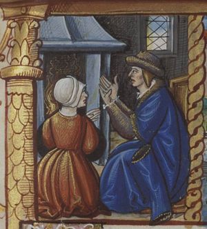 February: a man and a woman warming themselves at a fire