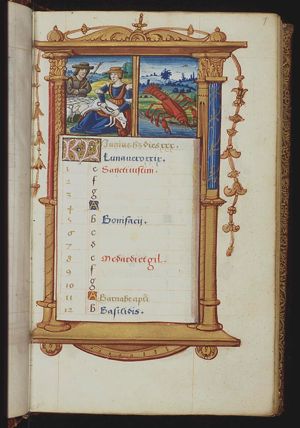 June: a woman shearing sheep; shepherd