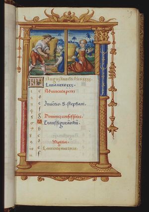 August: a man and a woman reaping corn