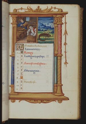 October: a man treading grapes; man pouring wine into barrel