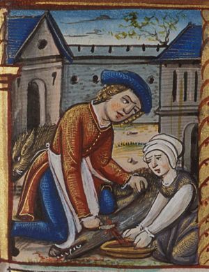 December: a man and a woman slaughtering a pig