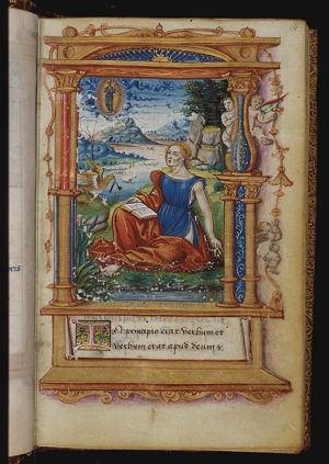 The Evangelist St. John on the isle of Patmos, with his symbol the eagle with ink-well and pen-case; Mary with Christ-child as the apocalyptic woman
