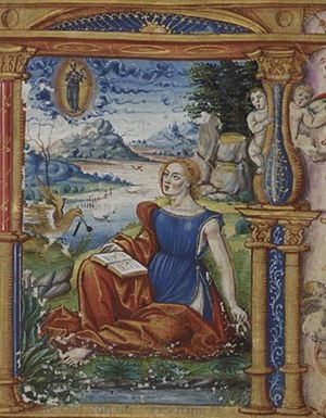 The Evangelist St. John on the isle of Patmos, with his symbol the eagle with ink-well and pen-case; Mary with Christ-child as the apocalyptic woman
