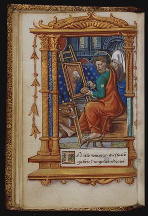 The Evangelist St. Luke with his symbol the ox, painting the portrait of Mary and the Christ-child