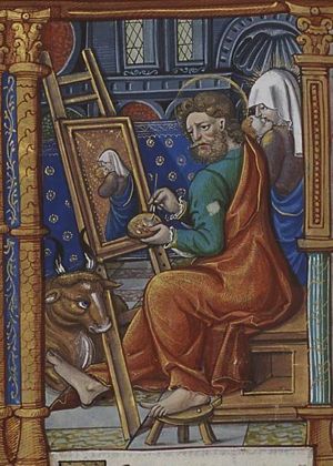 The Evangelist St. Luke with his symbol the ox, painting the portrait of Mary and the Christ-child