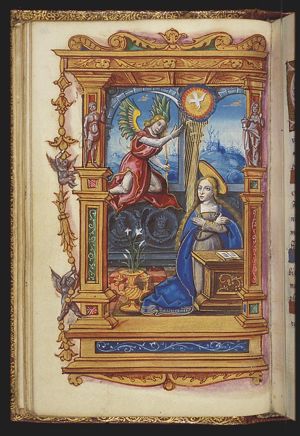 The Annunciation: Gabriel announces Christ's birth to Mary; medaillons with the busts of a king and a queen.