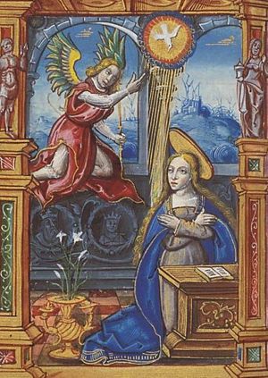 The Annunciation: Gabriel announces Christ's birth to Mary; medaillons with the busts of a king and a queen.