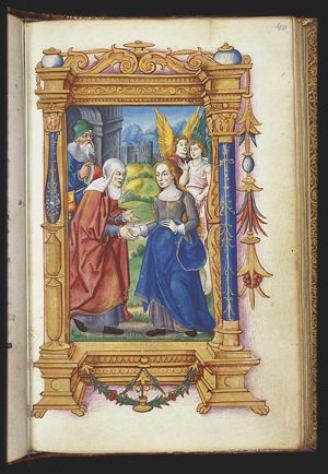 The Visitation: Mary, accompanied by two angels, meets St. Elisabeth; Zacharias