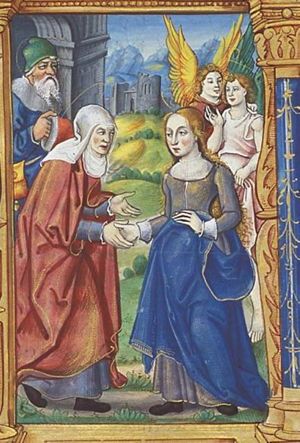 The Visitation: Mary, accompanied by two angels, meets St. Elisabeth; Zacharias