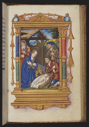 The Nativity: the adoration of the Christ-child by Mary and St. Joseph who is holding a candle, and shepherds