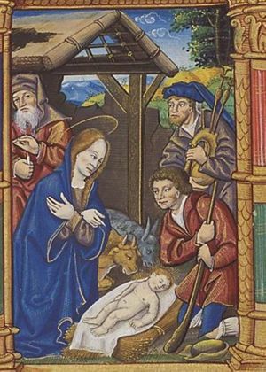 The Nativity: the adoration of the Christ-child by Mary and St. Joseph who is holding a candle, and shepherds