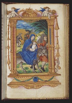 The Flight into Egypt: Mary, St. Joseph and the Christ-child on their way; the legend of the quick-growing corn: soldiers questioning the farmer, who is cutting the ripe wheat (background)