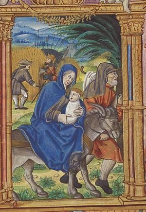 The Flight into Egypt: Mary, St. Joseph and the Christ-child on their way; the legend of the quick-growing corn: soldiers questioning the farmer, who is cutting the ripe wheat (background)