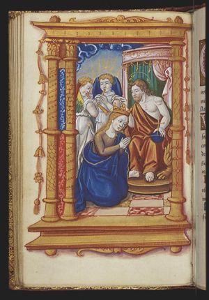 Christ (represented as 'Salvator Mundi') blessing Mary after coronation in the heaven; angels playing music