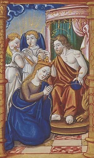 Christ (represented as 'Salvator Mundi') blessing Mary after coronation in the heaven; angels playing music