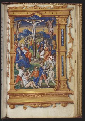 The Crucifixion, with Mary, St. John, St. Mary Magdalene, the two malefactors, Longinus piercing Christ's side with a lance, the confessing centurion and soldiers; quarelling over Christ's seamless garment(?)