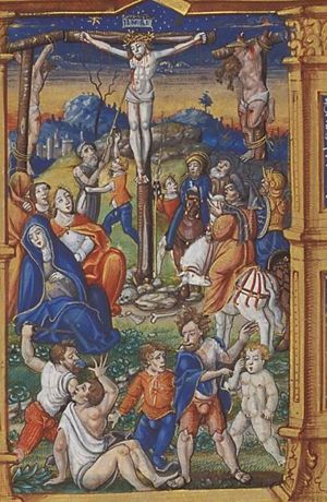 The Crucifixion, with Mary, St. John, St. Mary Magdalene, the two malefactors, Longinus piercing Christ's side with a lance, the confessing centurion and soldiers; quarelling over Christ's seamless garment(?)