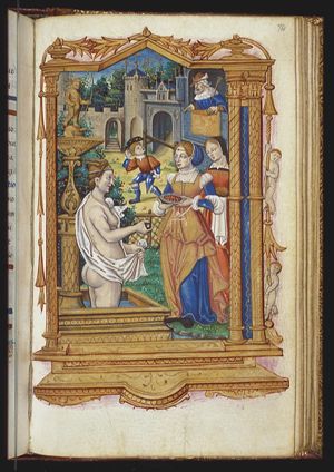 Bathsheba bathing in a fountain with a statue of a blindfolded Cupid; David sends a message to Joab (background)