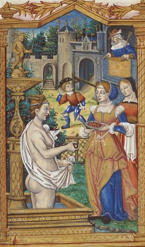 Bathsheba bathing in a fountain with a statue of a blindfolded Cupid; David sends a message to Joab (background)