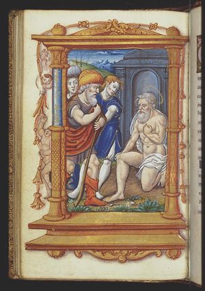 Job on the dung-hill is tormented by his wife and comforted by his friends