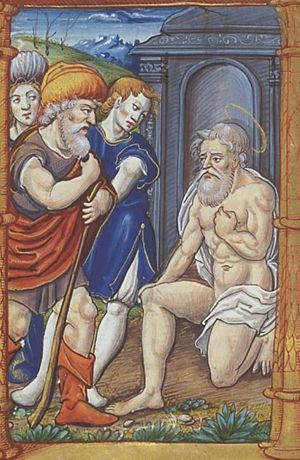 Job on the dung-hill is tormented by his wife and comforted by his friends