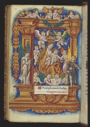 Madonna: Mary and Christ-child surrounded by St. John the Baptist as child, angels making music and crowning the Madonna