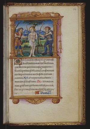 The martyrdom of St. Sebastian: tied to a tree, he is pierced by arrows